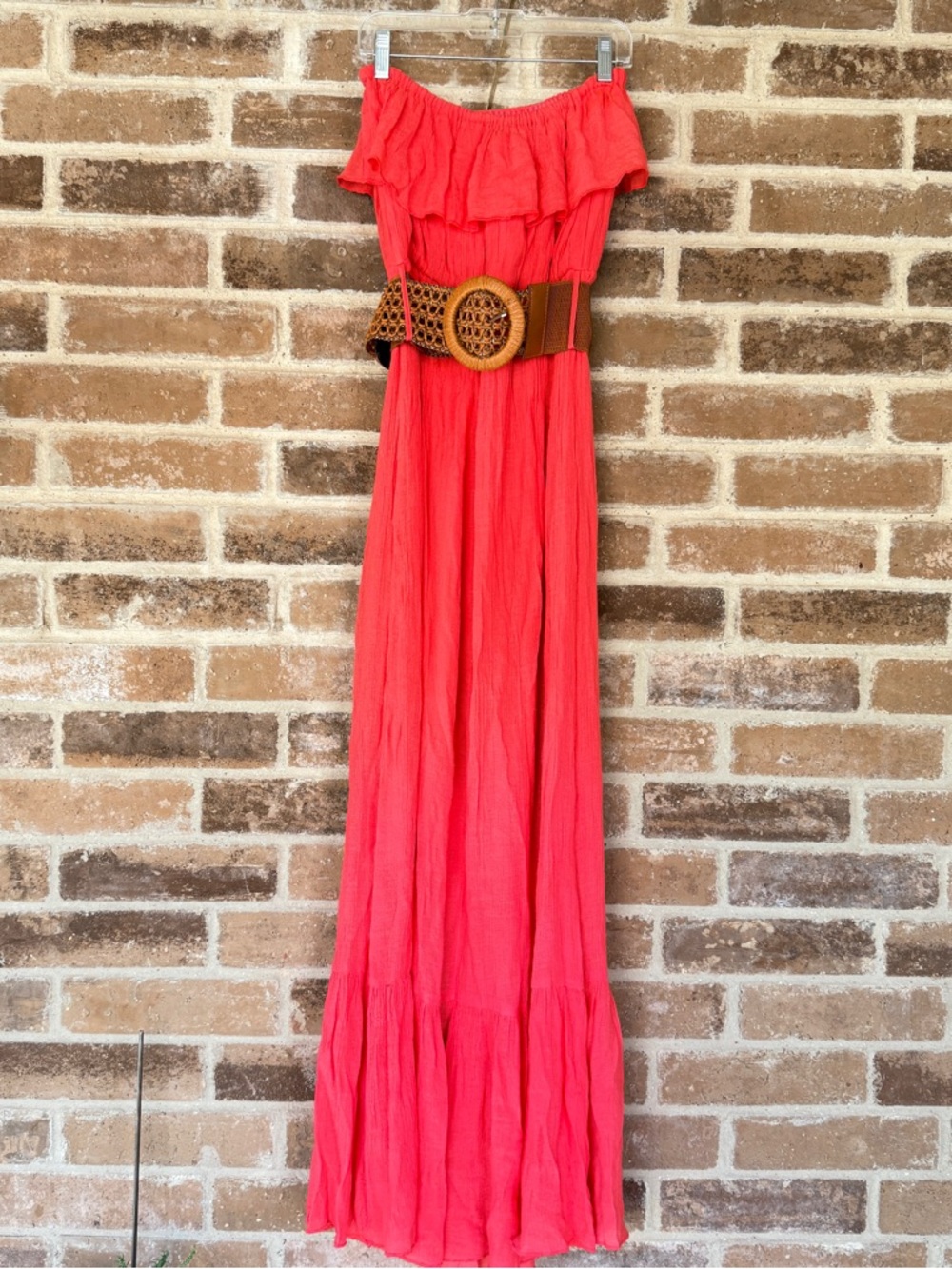 Love Culture Coral Red Off-Shoulder Maxi Dress with Woven Belt